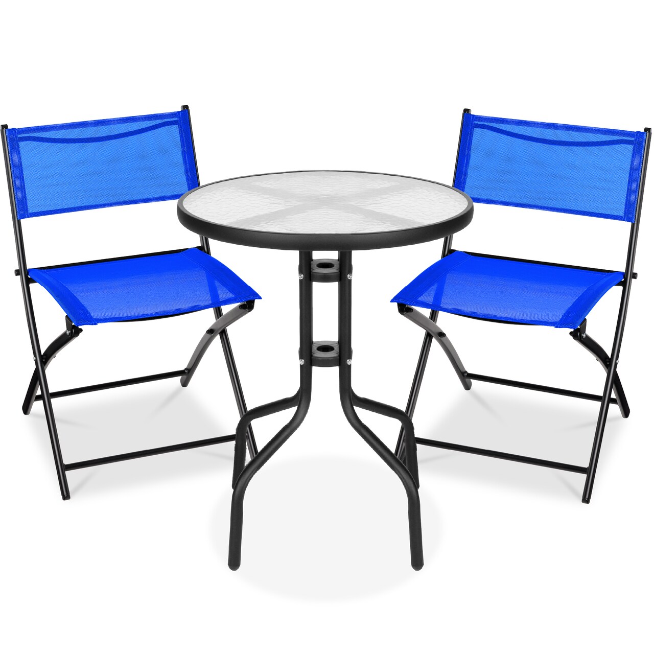 Best Choice Products 3-Piece Patio Bistro Dining Furniture Set w/ Round Textured Glass Tabletop, Folding Chairs
